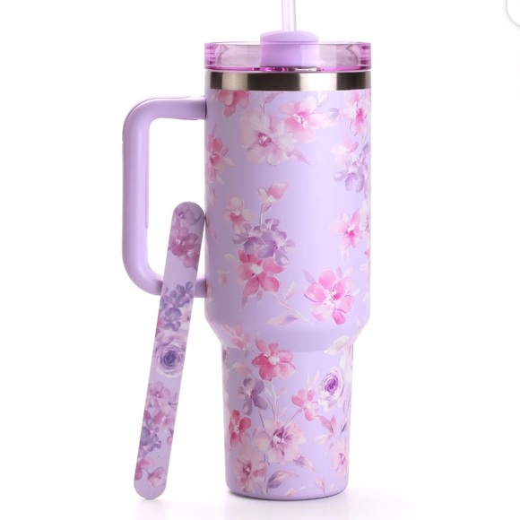 Hi Peach Lane Lavender Floral Insulated Travel Mug with Straw NWT - Picture 2 of 5